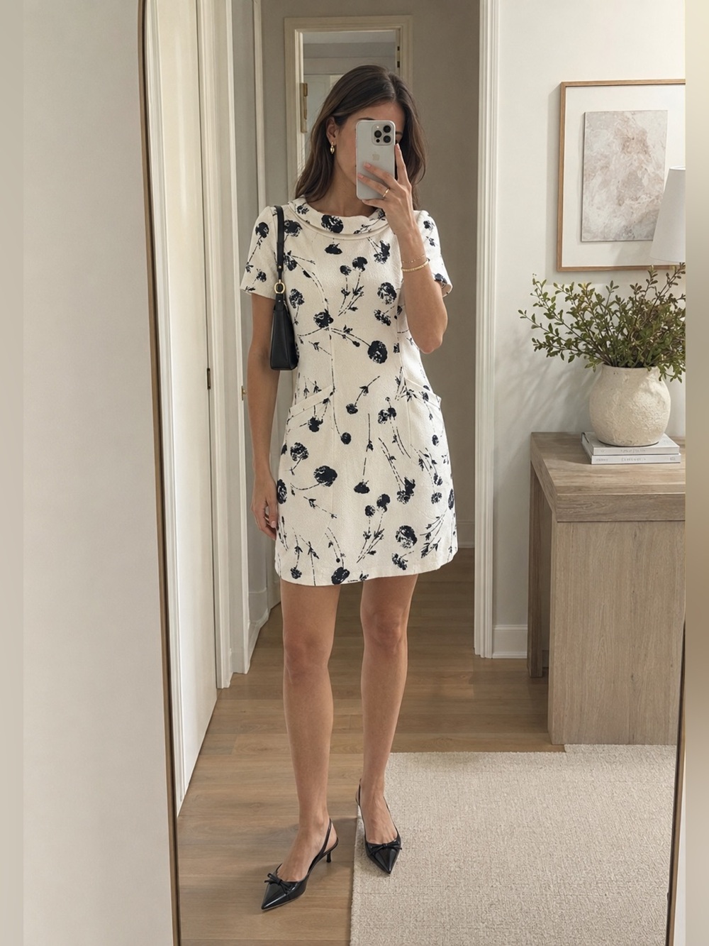 Oscar de la Renta Cream and Black Floral Floral Mini Dress Retro